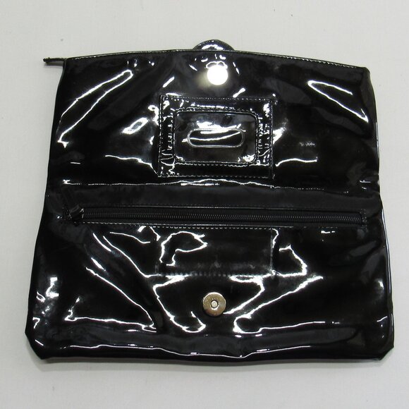 Ladies Hobo Black Faux Patent Leather Fold Over Clutch Handbag Formal Purse - Picture 4 of 11